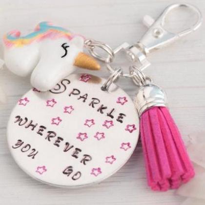 Hand stamped unicorn charm keychain..