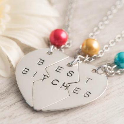 Hand Stamped Silver Heart Necklace, 3 Bff Heart..