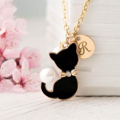Custom Initial Engraved Black Cat Necklace, Gold..
