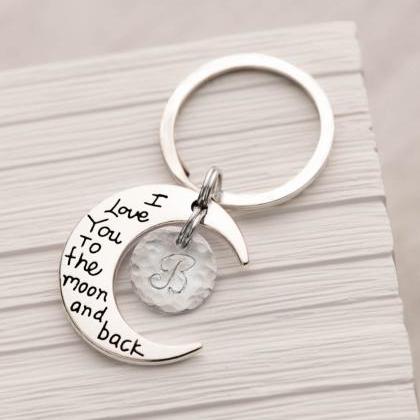 Hand Stamped Moon Keychain With Initial And I Love..