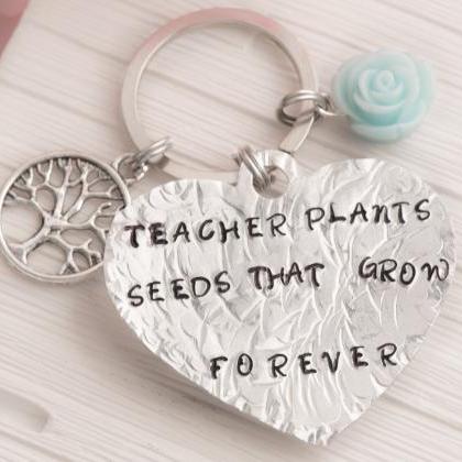 Hand Stamped Heart Keychain , Tree Teacher Gift..