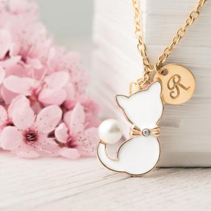 White Cat Necklace, Personalized Cat Necklace With..