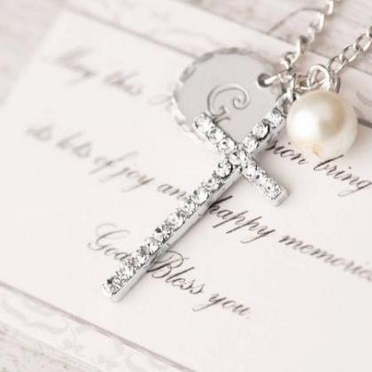 Hand Stamped Custom Initial Cross Necklace, Girl..