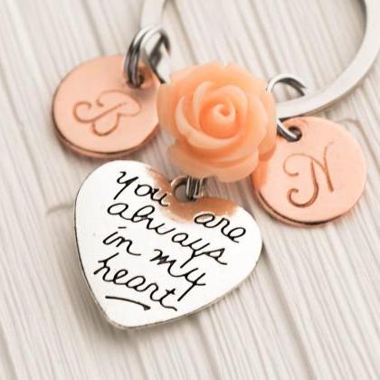 Hand Stamped Silver Heart Keychain, Gift For Mom..