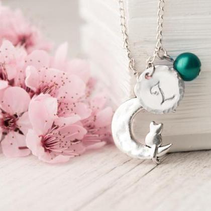 Silver Cat Moon Necklace With Custom Initial, Hand..