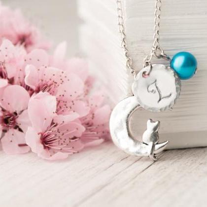 Silver Cat Moon Necklace With Custom Initial, Hand..