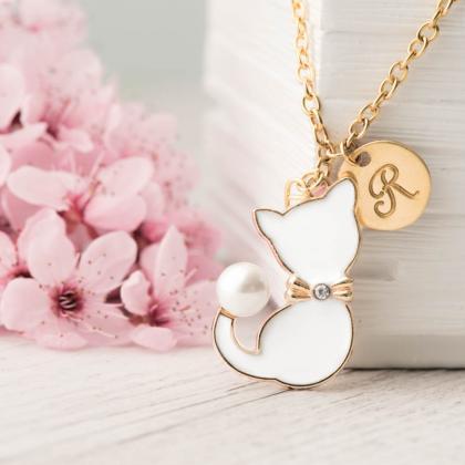 White Cat Necklace With Pearl And Custom Initial,..