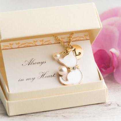 White Cat Necklace With Pearl And Custom Initial,..