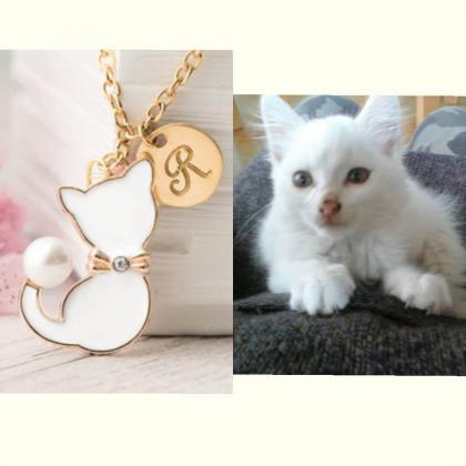 White Cat Necklace With Custom Initial, In Memory..