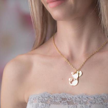 White Cat Necklace With Custom Initial, In Memory..