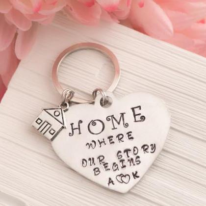 Hand Stamped Personalized Keychain, Our First Home..