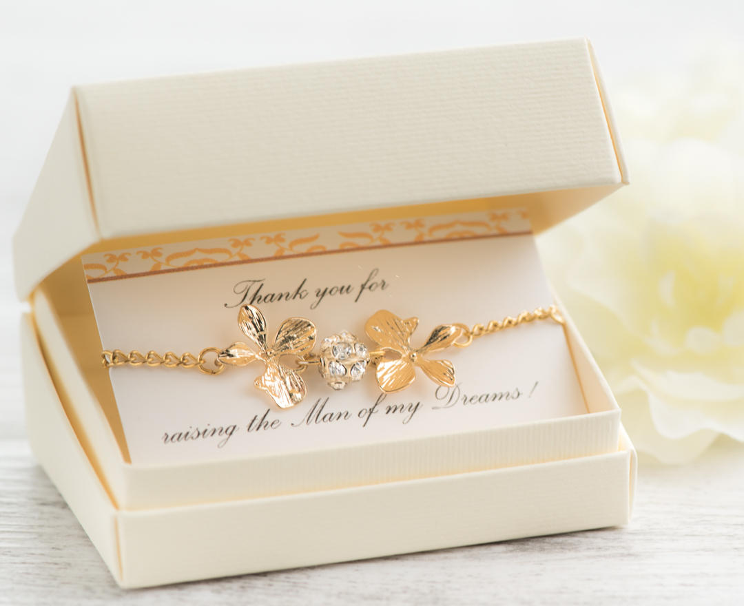 gold orchid bracelet, mother of groom gift from bride, mother in law gift, raising the woman man, the man of my dreams,