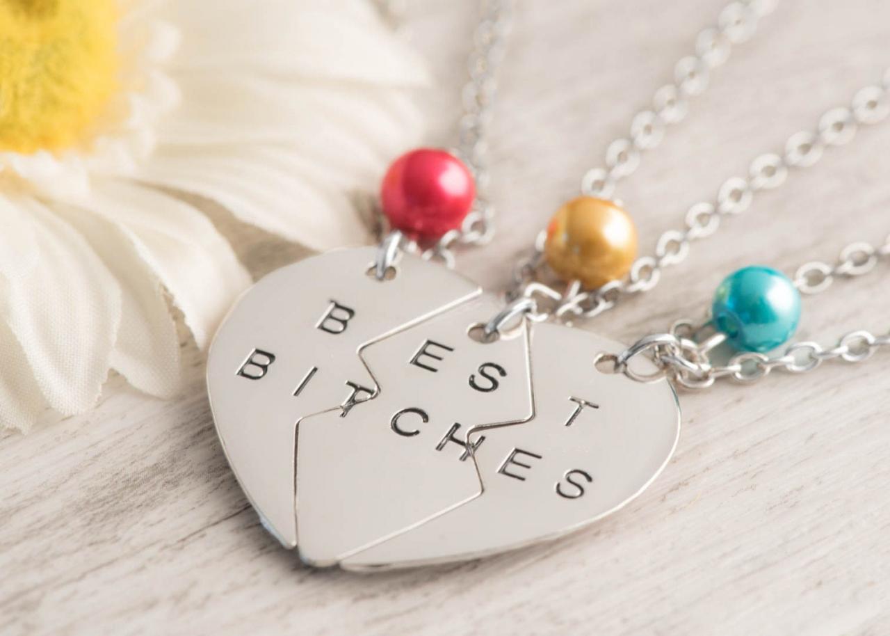 Hand Stamped Silver Heart Necklace, 3 Bff Heart Jewelry With 3 Bitch Engraved As Sisters Forever Friend Gift Set - Christmas Gift Bitches With