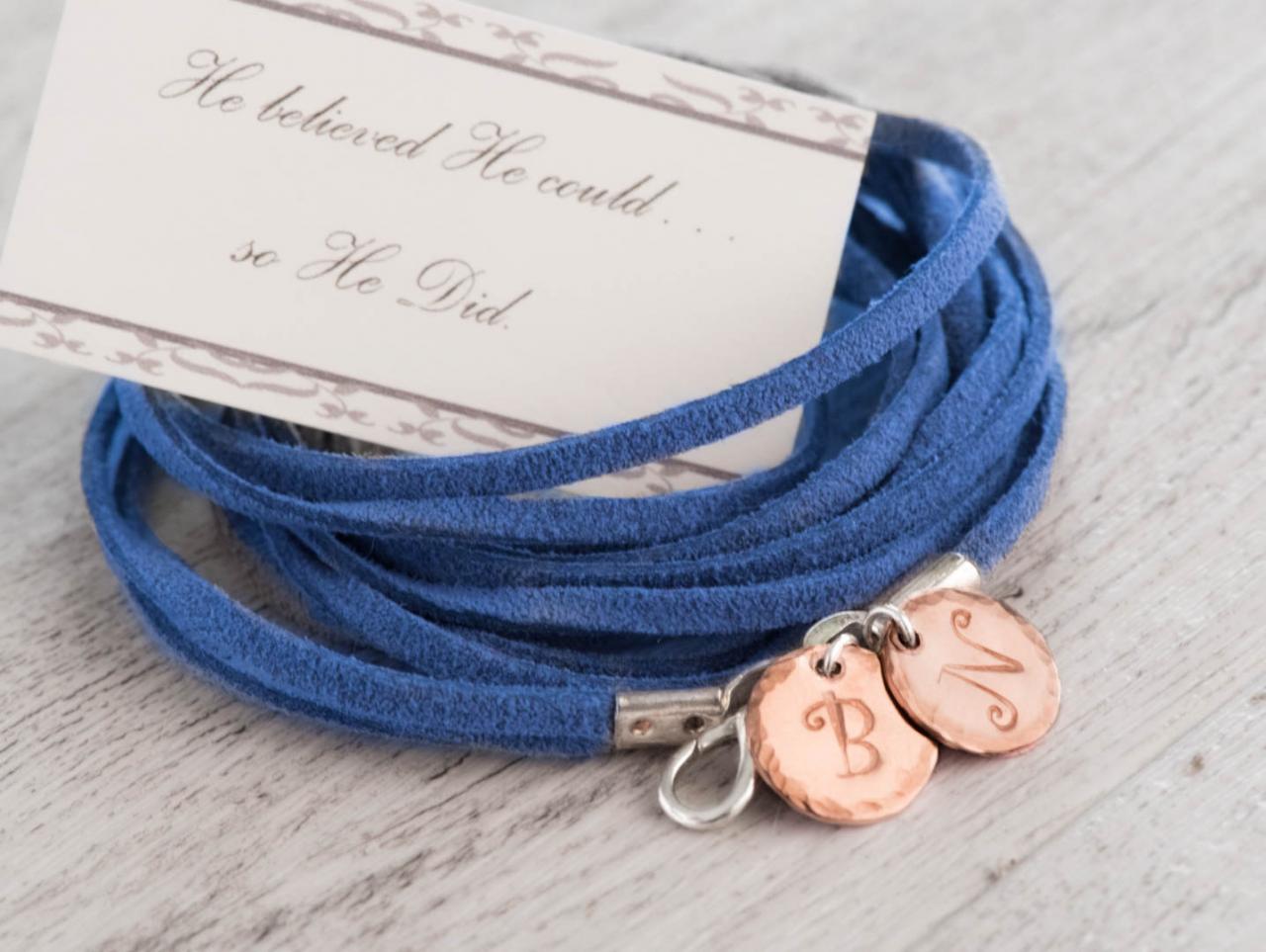 Custom engraved initial men bracelet, man birthday gift for dad from daughter, personalized fathers day jewelry with multi strand leather bracelet men, blue suede wrap bracelet.