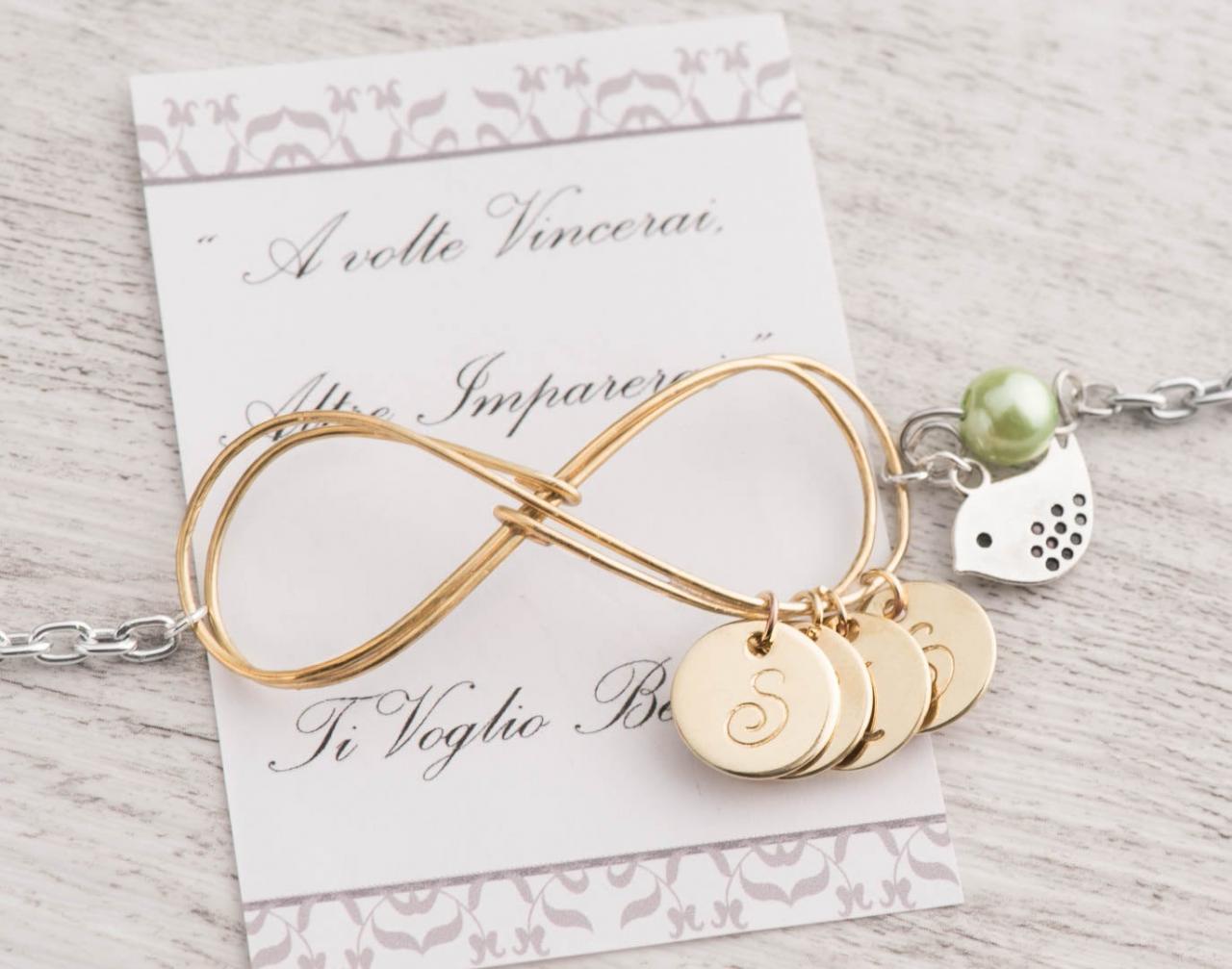 Hand Stamped Bracelet, Gold Mom Bracelet As Initial Mothers Day Bracelet As Gold Infinity Mom Gift - Mom 4 Initial Birthstone Bracelet -