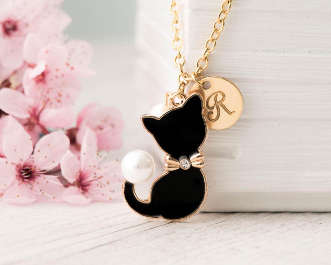 Custom Initial Engraved Black Cat Necklace, Gold Necklace With Birthstone Animal, Kitties Pendant With Always In My Heart Note As Pet Lover