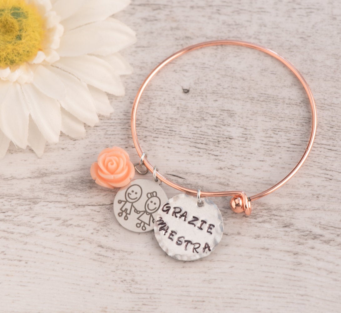 Hand Stamped Jewelry, Hand Stamped Flower Bracelet Bangle Adjustable, Made To Order, Back To School Gift Personalized Bangle, Nanny Present
