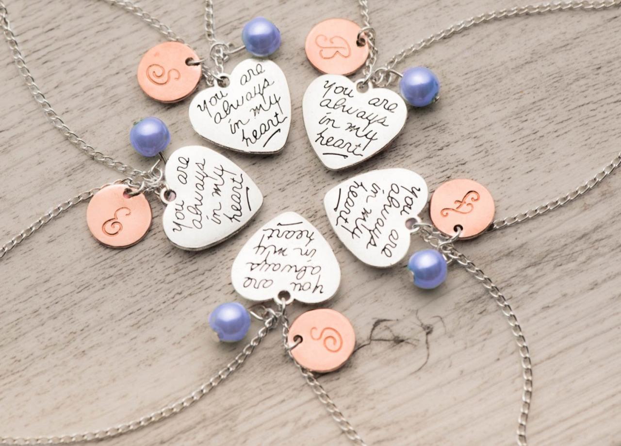 Hand Stamped Necklace, Handstamped Jewelry, 5 Friend Necklace As Birthstone Initial Necklace With Always In My Heart Note-set Of Five Friend