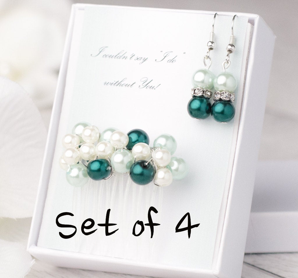 set of 4 jewelry as green bridesmaid gift with dark green earrings and green comb