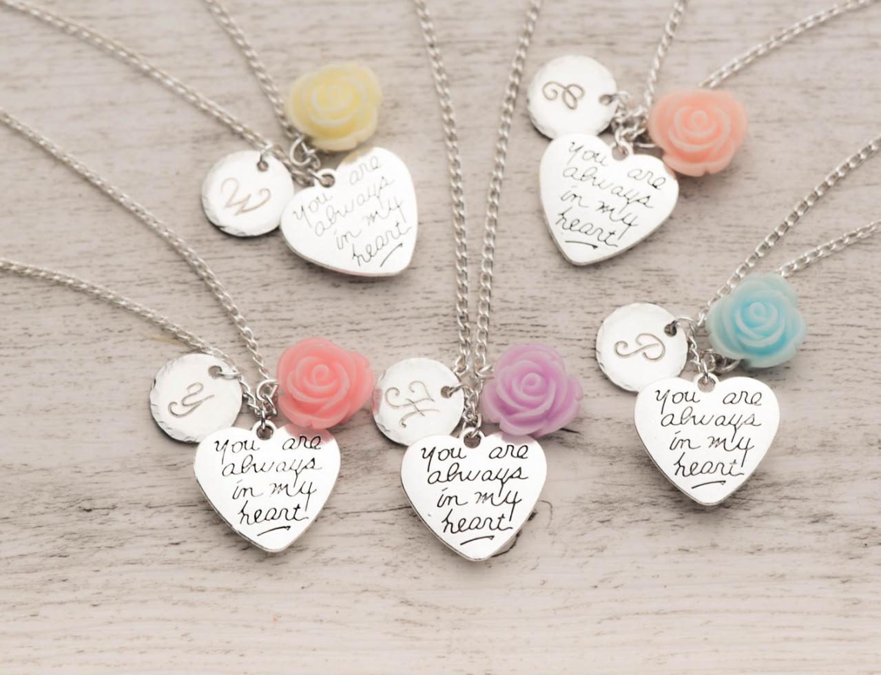Hand stamped custom necklace, 5 bff necklaces in a set of 5 silver heart necklaces - engraved initial necklace - set of love necklaces with always in my heart note