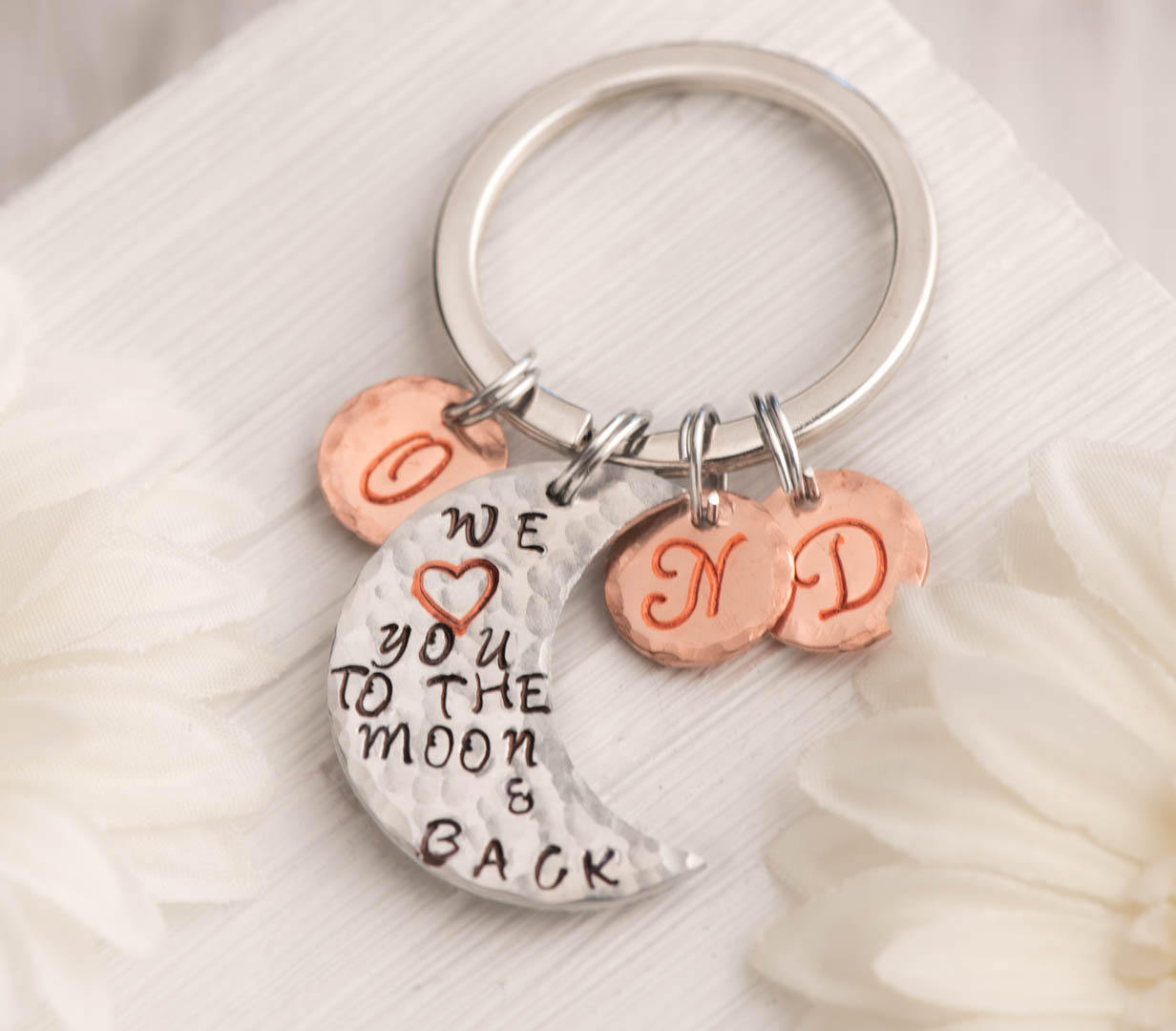 Hand Stamped Keychain, Mothers Day Keychain, Silver Moon Keychain, Gift For Mom From 3 Daughters, To The Moon And Back, Mom Of 3 Kids, We Love