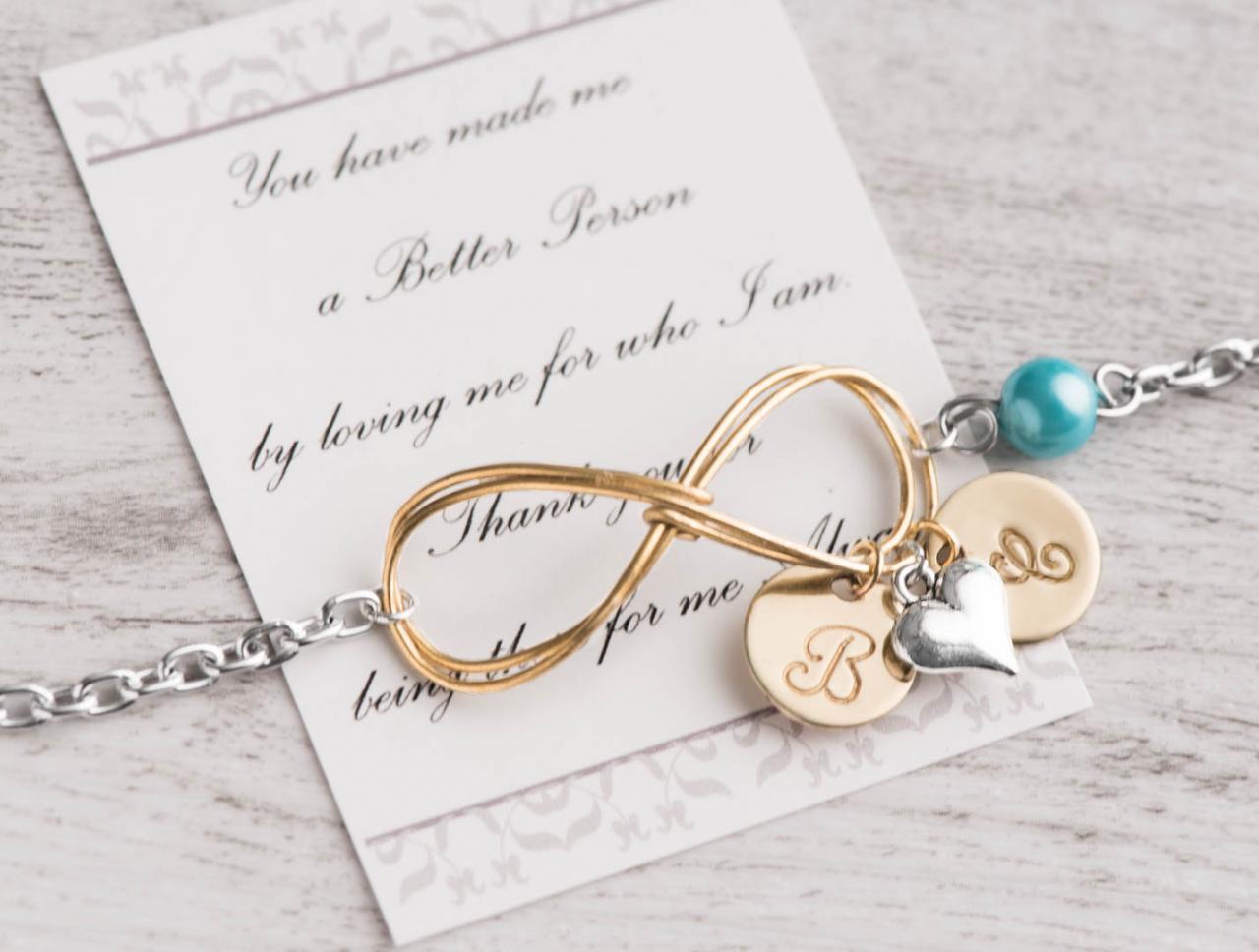 Gold Infinity Love In A 2 Initial Bracelet As Infinity Girlfriend As Gift For Mom From Daughter - Engraved 2 Initial Birthstone Bracelet -