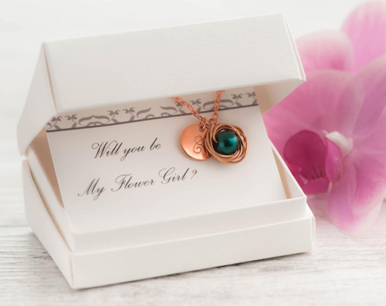 Rose Gold Will You Be My Flower Girl Necklace With Dark Green Pearl Initial Necklace As Rose Gold Green Wedding Gift Set - Blush Flower Girl Gift
