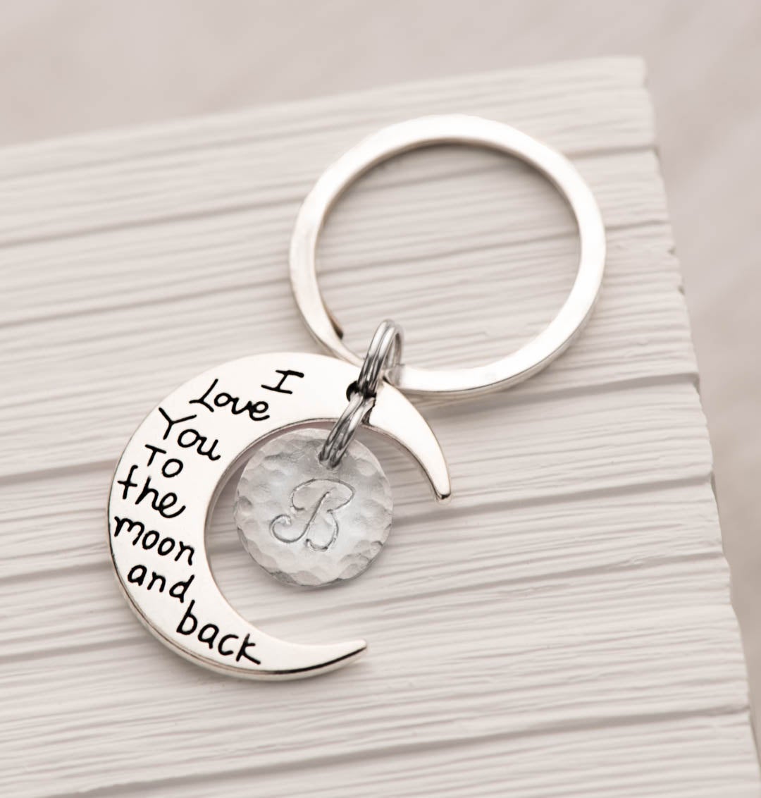 Hand Stamped Moon Keychain With Initial And I Love You To The Moon And Back Keyring - Gift For Mom From Daughter As Bff Keychain As Valentine