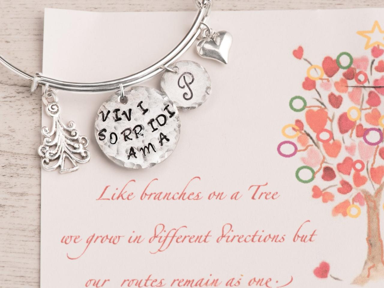 Hand stamped personalized bangle bracelet, Tree christmas charm bangle as gift for sis