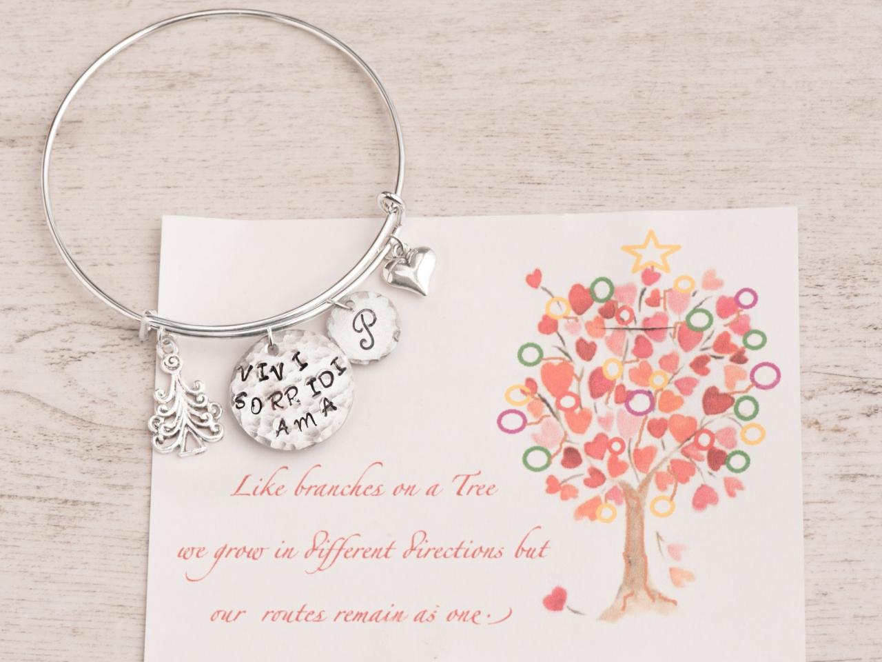 Hand stamped winter bangle with initial personalized and Tree