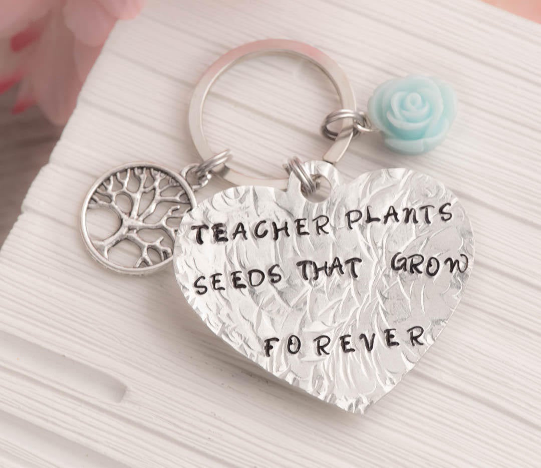 Hand Stamped Heart Keychain , Tree Teacher Gift Theme As Teacher Of The Year Tree Keychain Heart - Kindergarten Gift As Preschool Teacher Key
