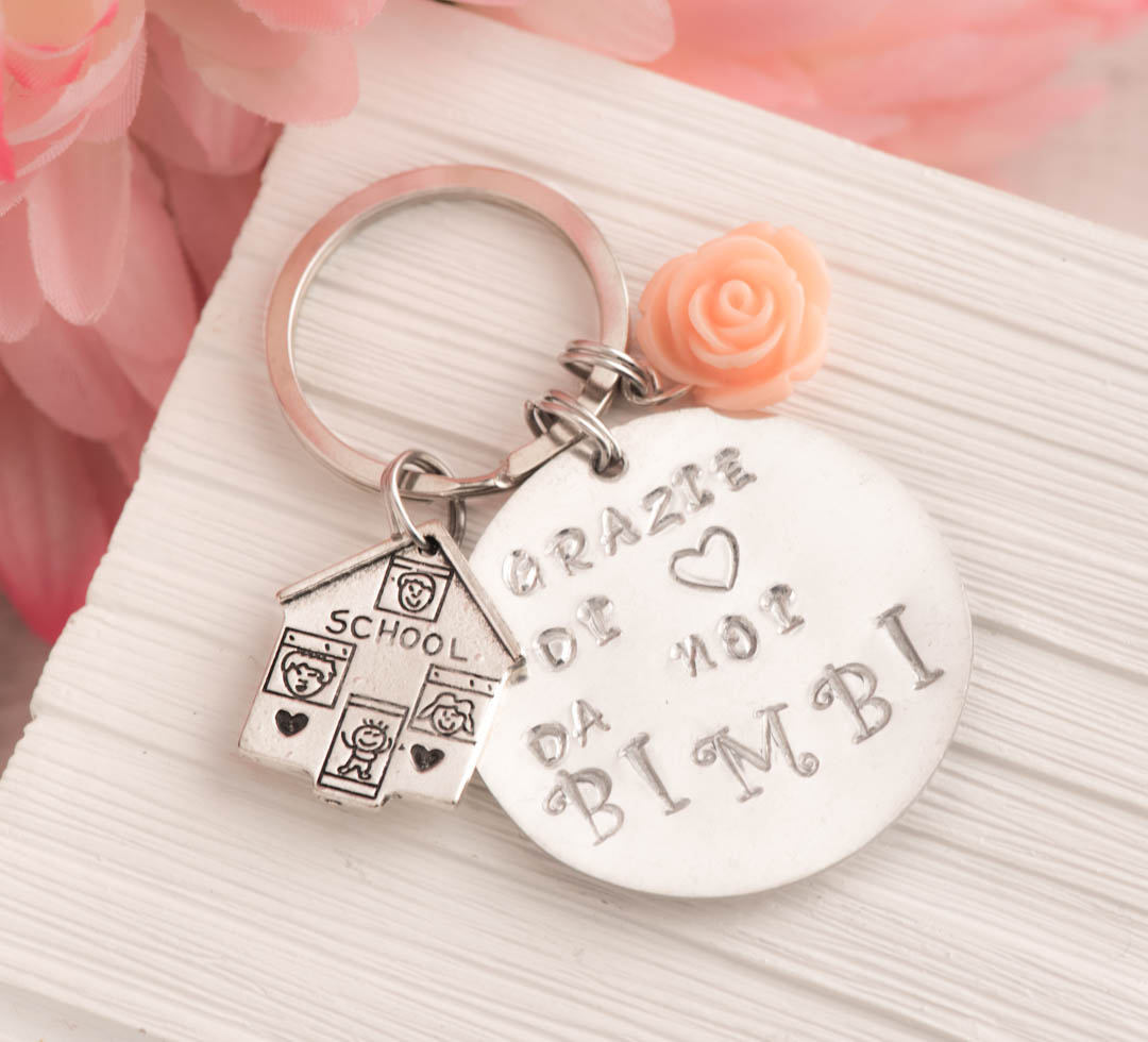 Hand Stamped Engraved Keychain, Day Care Gift As Teacher Appreciation Key Ring As Kids School Keychain With Big Heart To Teach Note Personalized