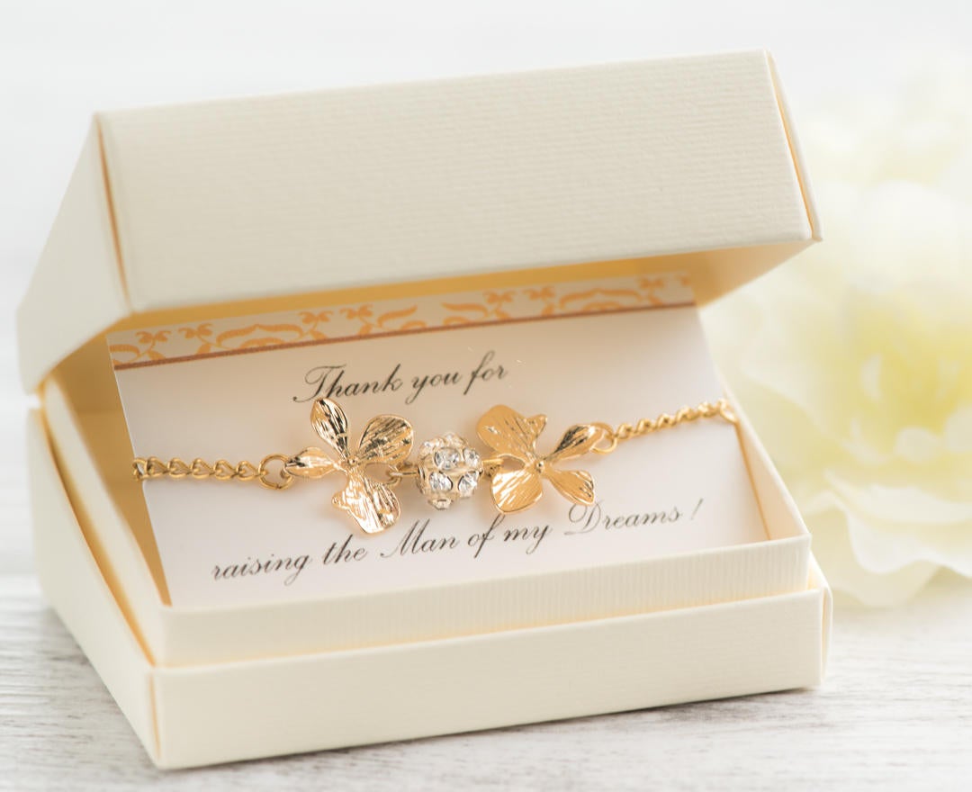 Mother In Law Gift, Raising The Woman Man, The Man Of My Dreams, Orchid Jewelry, Gold Orchid Bracelet, Mother Of Groom Gift From Bride