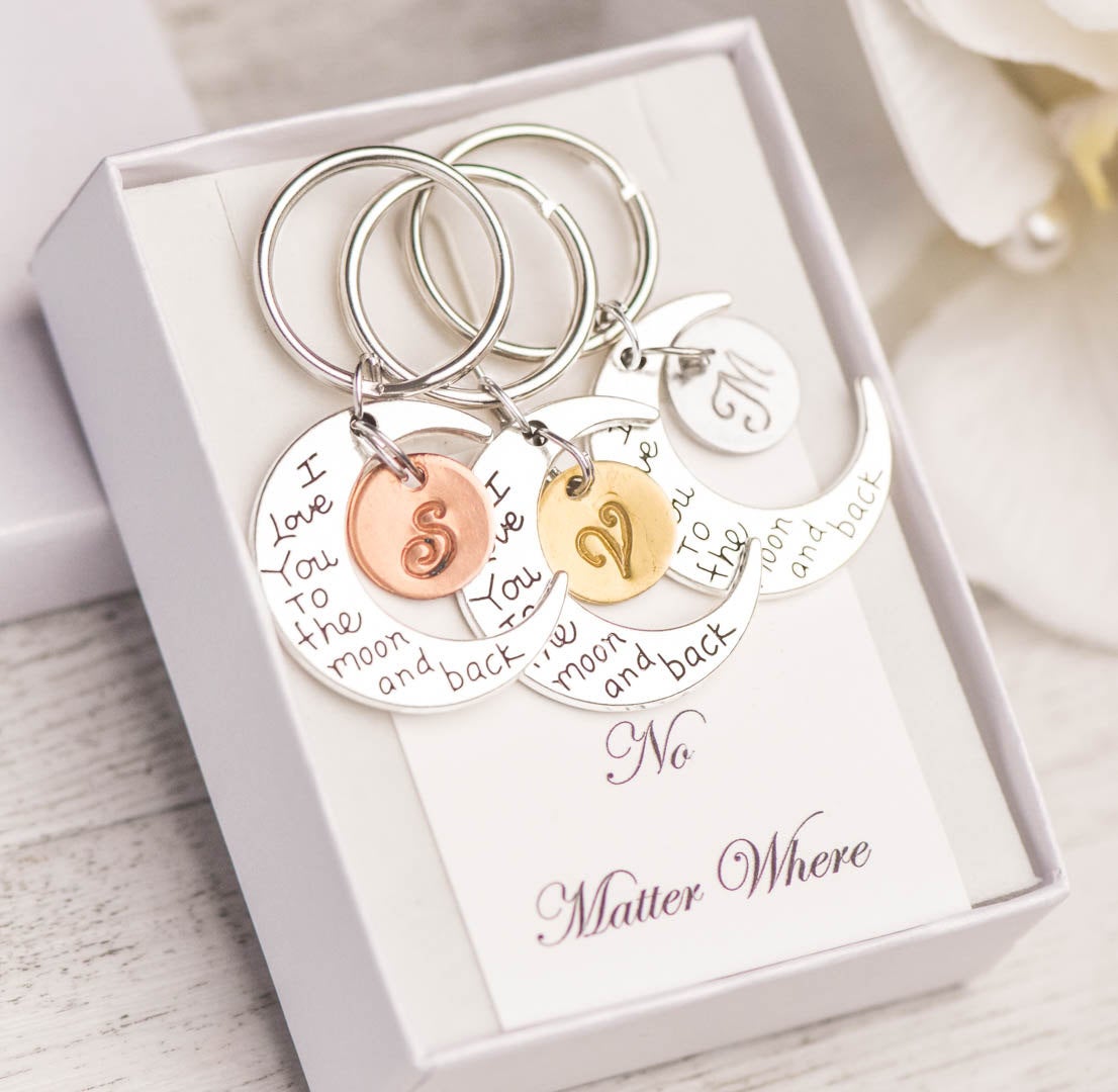 Hand Stamped Friend Keychain , To The Moon And Back Keychain, 3 Sister Friend, Stamped Keychain, Gold Silver Keychain, No Matter Where, I Love