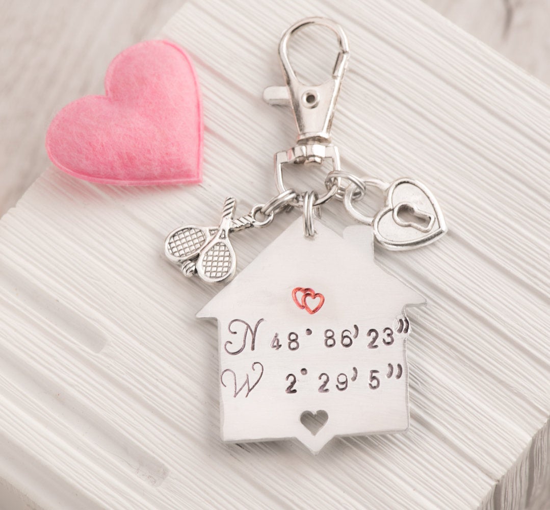 Hand Stamped Keychain, Coordinates Engraved Keychain As First Anniversary Gift