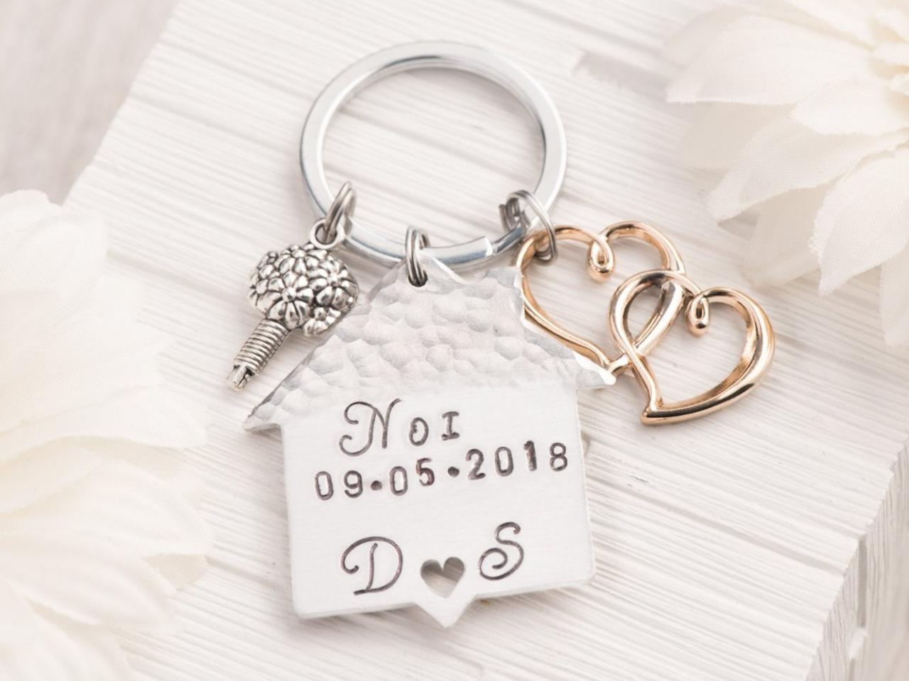 Hand Stamped Keychain, Home Moving Gift With Coordinates Engraved Keychain