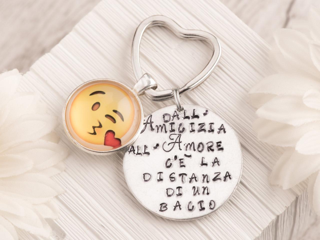 Hand Stamped Keychain With Emoji Charm, Keychain For Him With Kiss Emoji on Luulla
