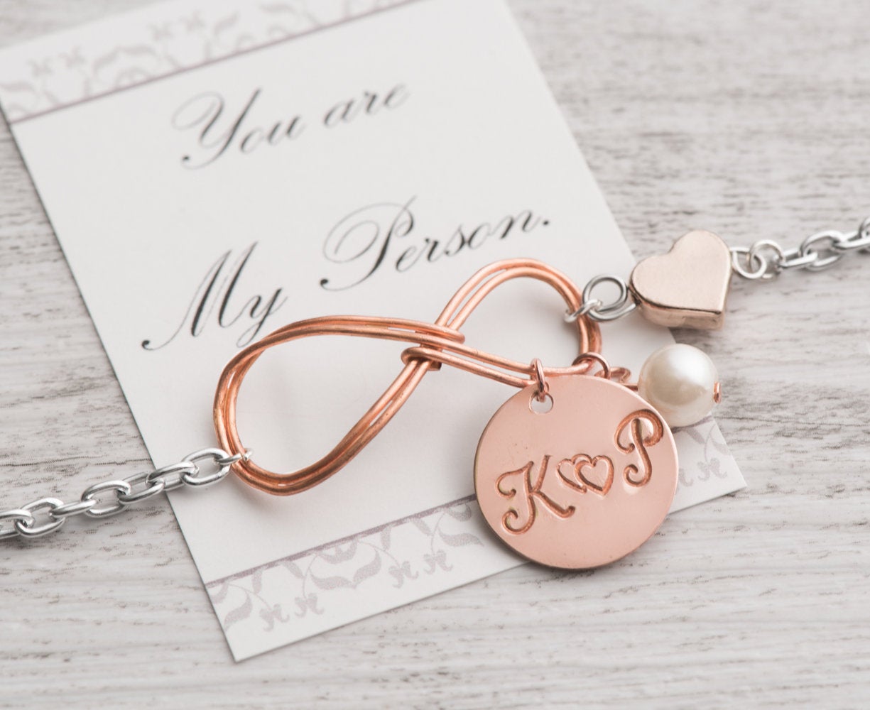 Hand Stamped Personalized Bracelet, Rose Gold Infinity Bracelet Engraved 2 Initial