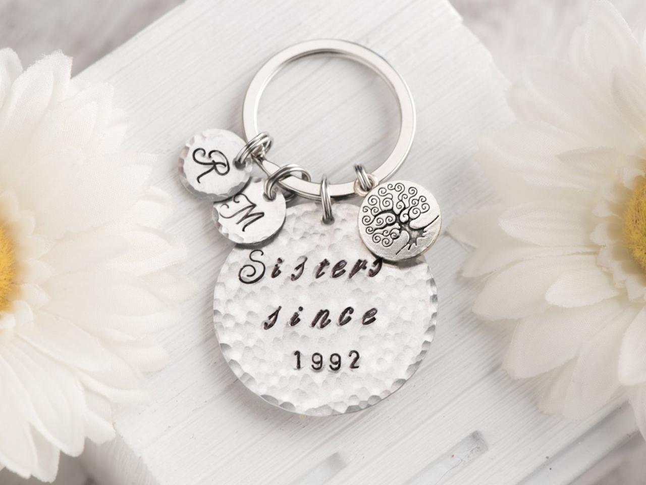 Hand stamped best friend keychain, little sister, big sister keychain, relationship all the way, no matter where, set of 3 sister by heart gift