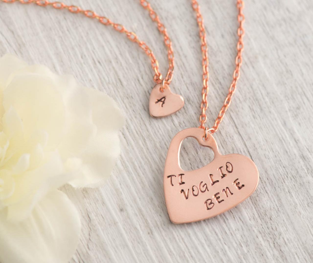 Hand Stamped Mom Daughter Heart Necklace ,set Of 2 Piece Heart