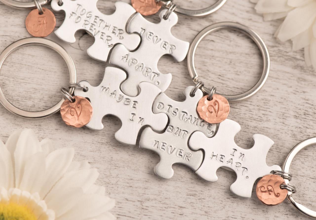 Hand Stamped Keychain, 3 Sisters Friend Long Distance Keychain As Forever Friends Gift Set , Puzzle Piece Set-engraved Rose Gold Puzzle As