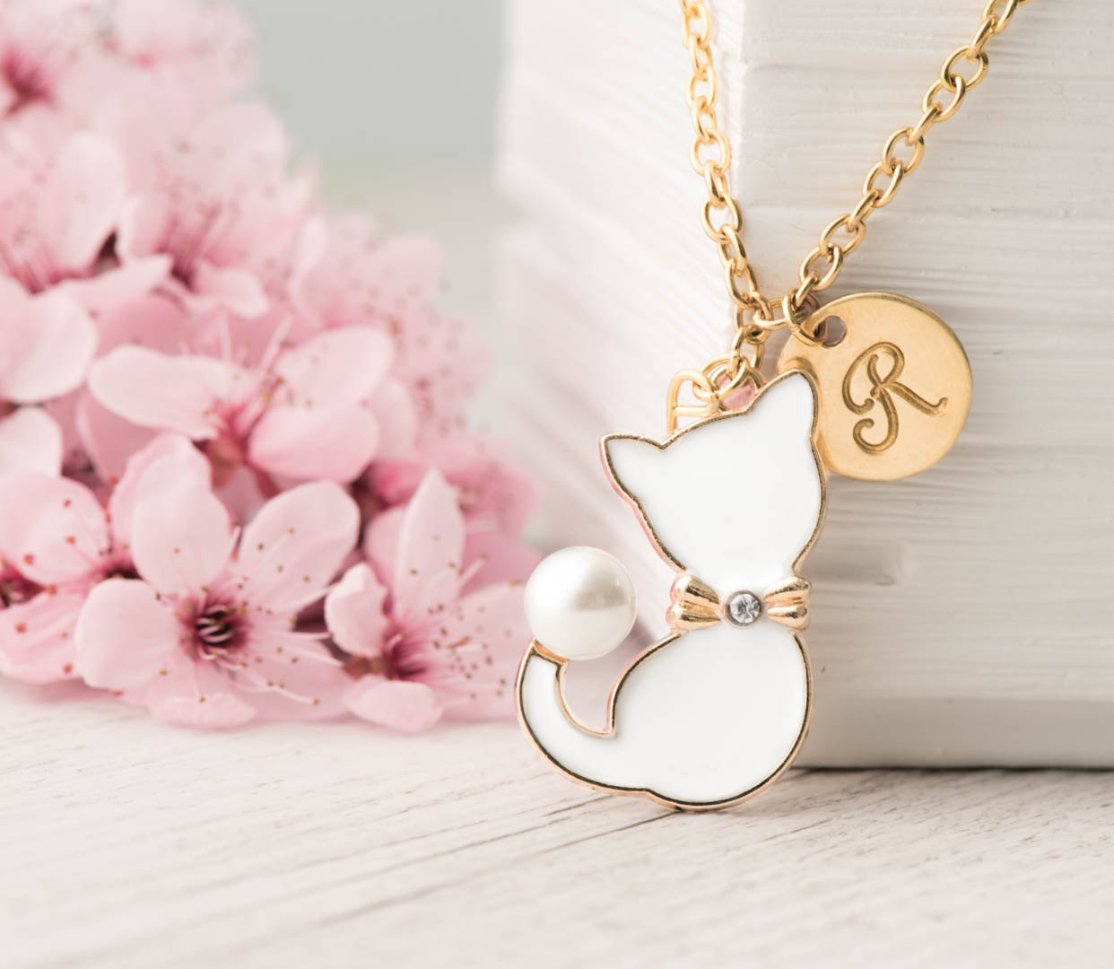 White Cat Necklace With Pearl And Custom Initial, Hand Stamped Initial Pet Lover Necklace