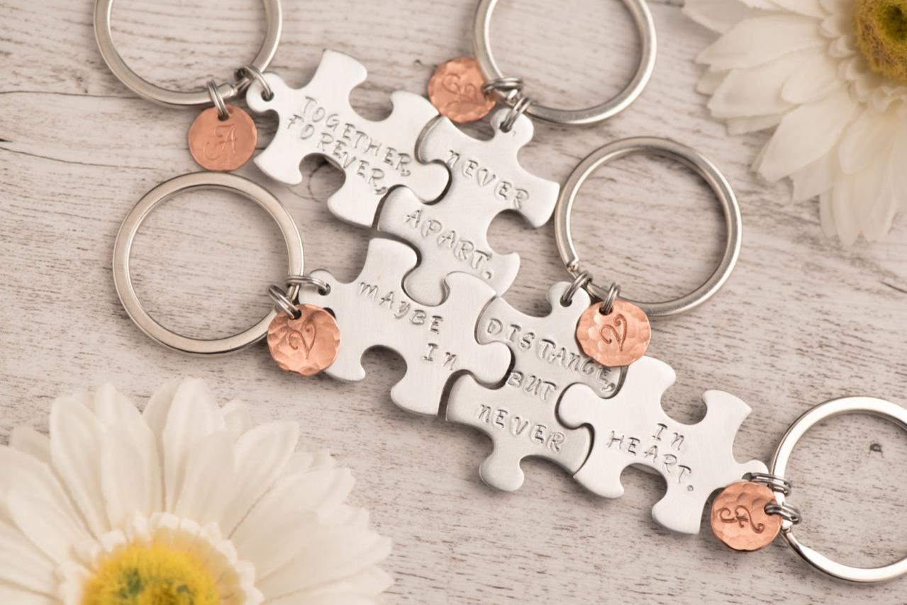 Hand stamped custom bridesmaid keychain, Puzzle Piece Set of 3 bff keychains for best friend long distance or best sisters forever - puzzle keychain for moving away - initial puzzle