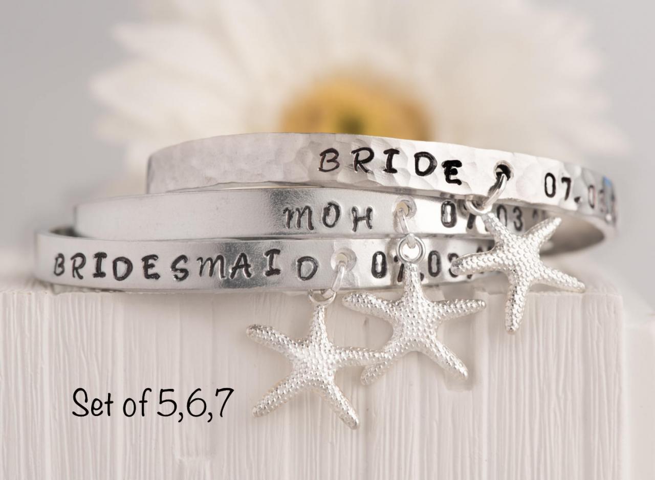 Hand Stamped Personalized Set Of 7 Bracelets For 5/7 Starfish Bridesmaids Gift Set, Bridal Party Jewelry, Wedding Date Bar Aluminium Bangles,