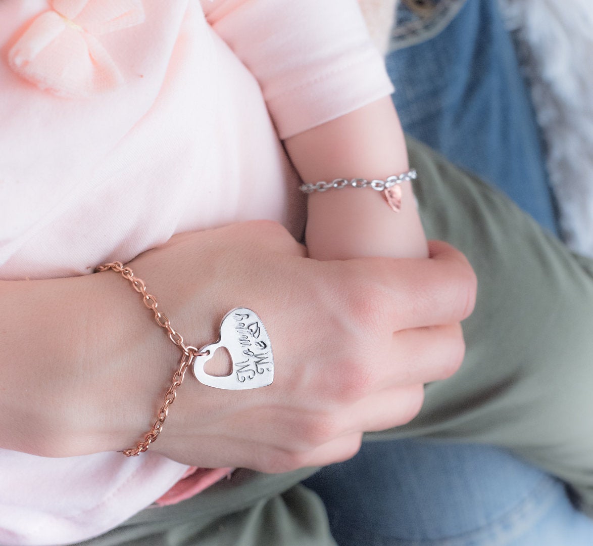 Hand Stamped Mother Daughter Bracelets, Mother Daughter Gift Matching Mommy And Me, Mothers Day Gift, Custom Made To Order, Engraved Heart