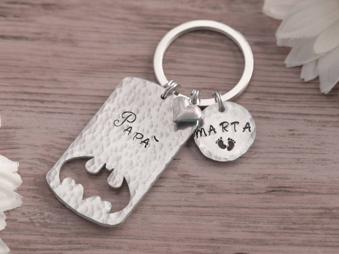 Hand stamped keychain, engraved batman keychain, gift for new father daughter, gift batman birthday, new daddy gift from baby sidekick superhero keychain.