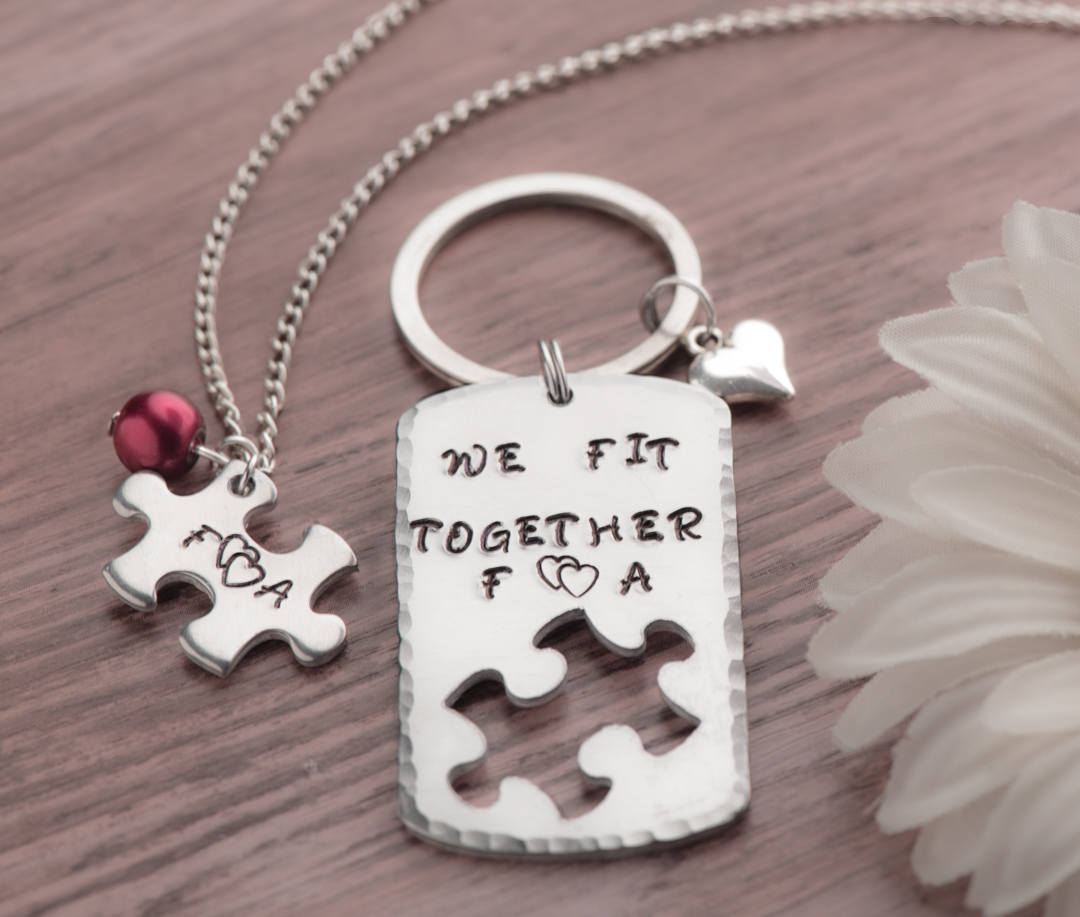Hand stamped keychain, Personalized Puzzle Piece Set for him and her. keychain