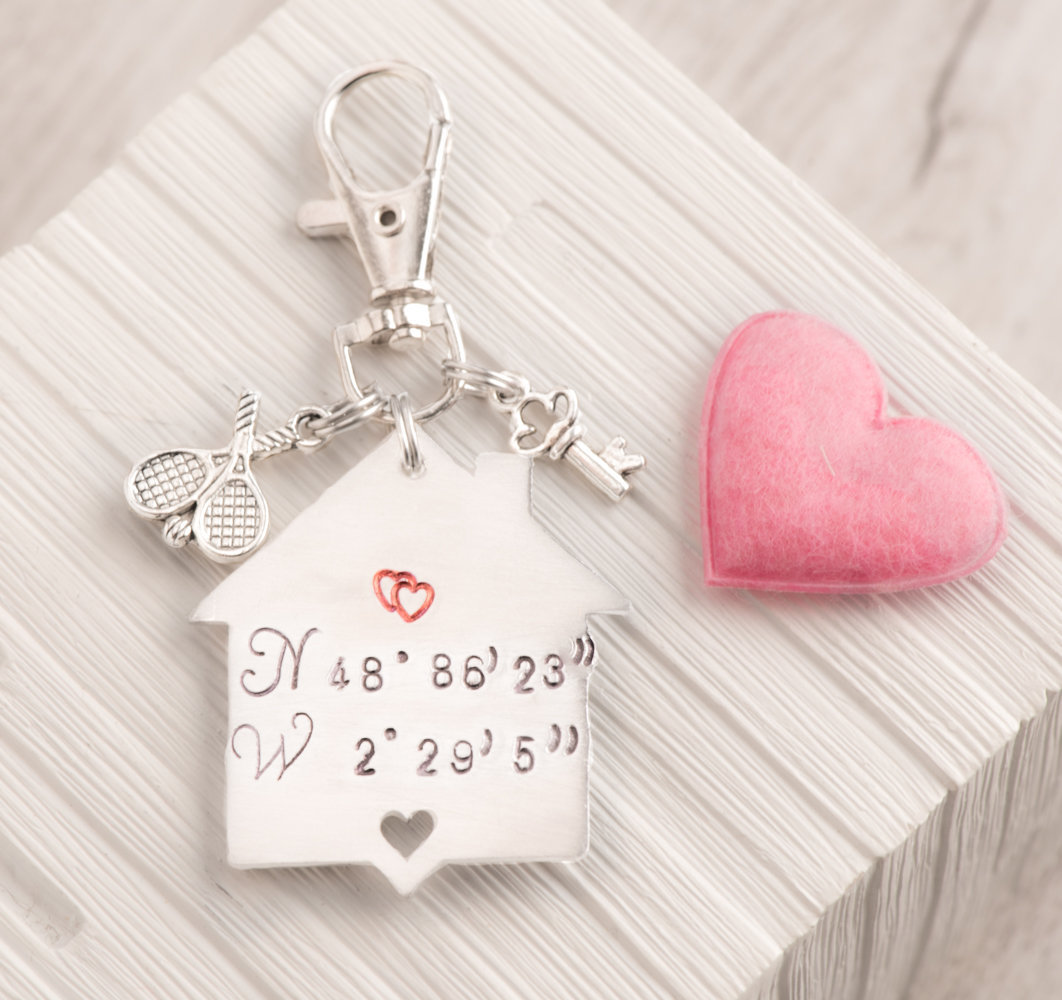 Hand stamped home keychain, Coordinates keychain for xmas gift for husband