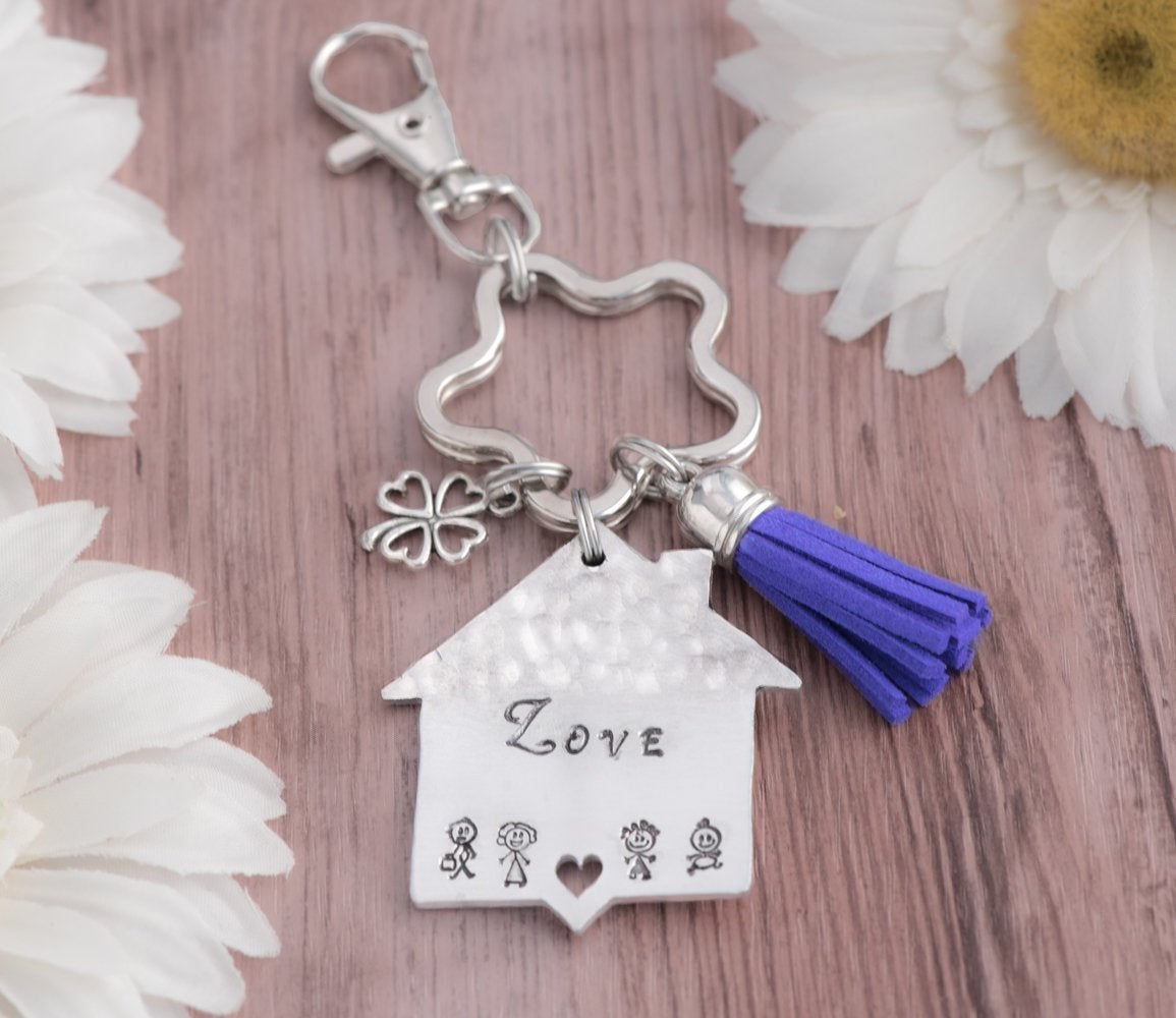 Hand Stamped Home Keychain, Custom Home Keychain As Anniversary Gift For Wife