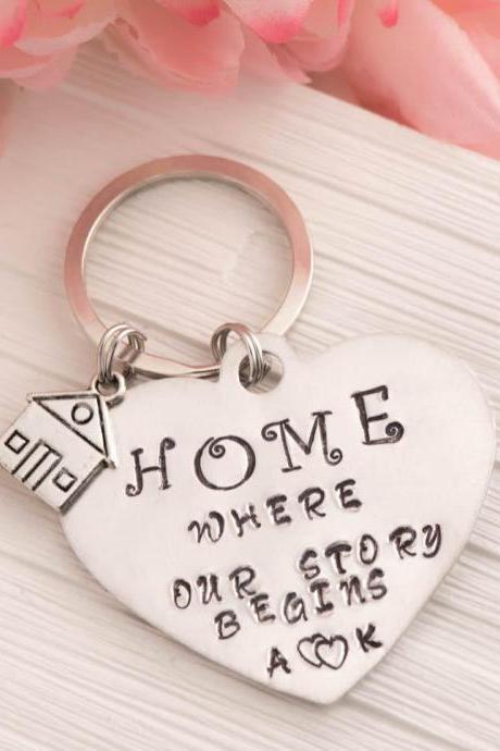 Hand stamped keychain, home is where our story begins engraved keychain